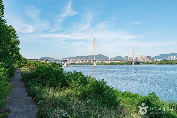 구리한강시민공원 푸른 한강 물결과 어우러진 구리암사대교의 웅장한 교각 모습