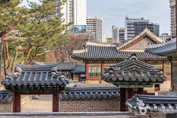전통 기와지붕 너머로 현대적인 빌딩이 보이는 덕수궁의 풍경