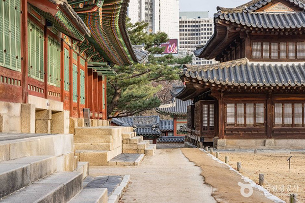 화려한 단청 건물과 소박한 석어당이 마주 보는 덕수궁 전각 사이 길