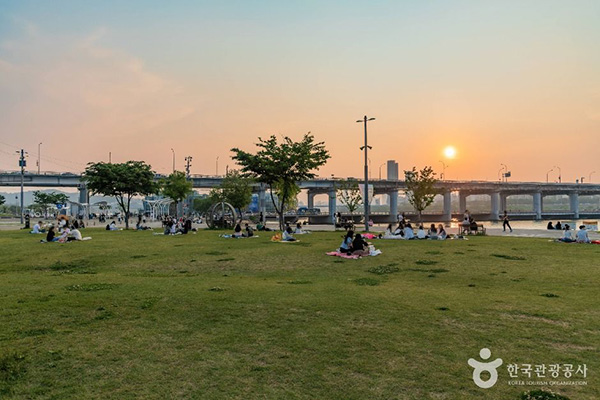 노을 지는 저녁 무렵, 돗자리를 펴고 여유롭게 피크닉을 즐기는 반포한강공원 시민들