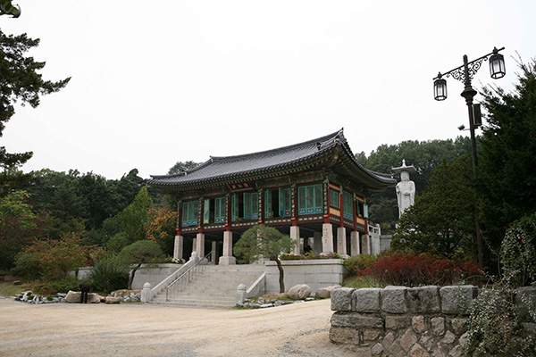 푸른 숲 앞에 자리 잡은 봉은사의 전통 전각과 미륵대불 옆모습