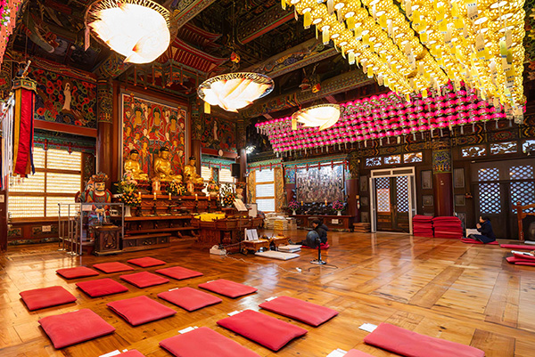 화려한 연등과 불상이 모셔진 봉은사 법당 내부에서 기도하는 불자들