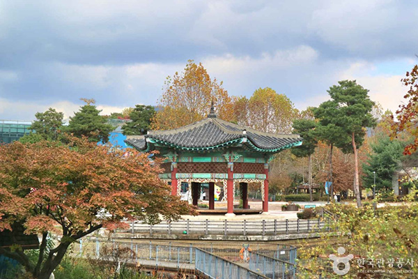 연못 위로 보이는 전통 양식의 팔각정과 가을색으로 물든 서울어린이대공원 전경