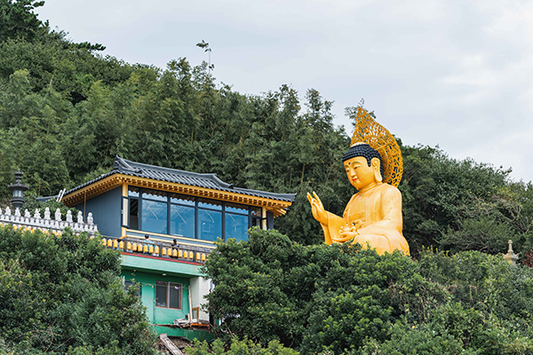 숲속에 자리한 보문사 대형 금불상 전경