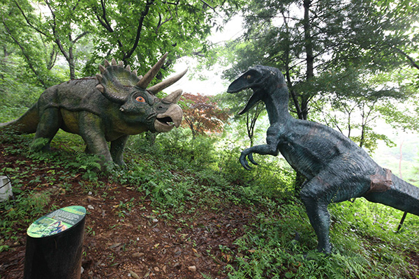 숲속에 설치된 공룡 모형 체험 공간